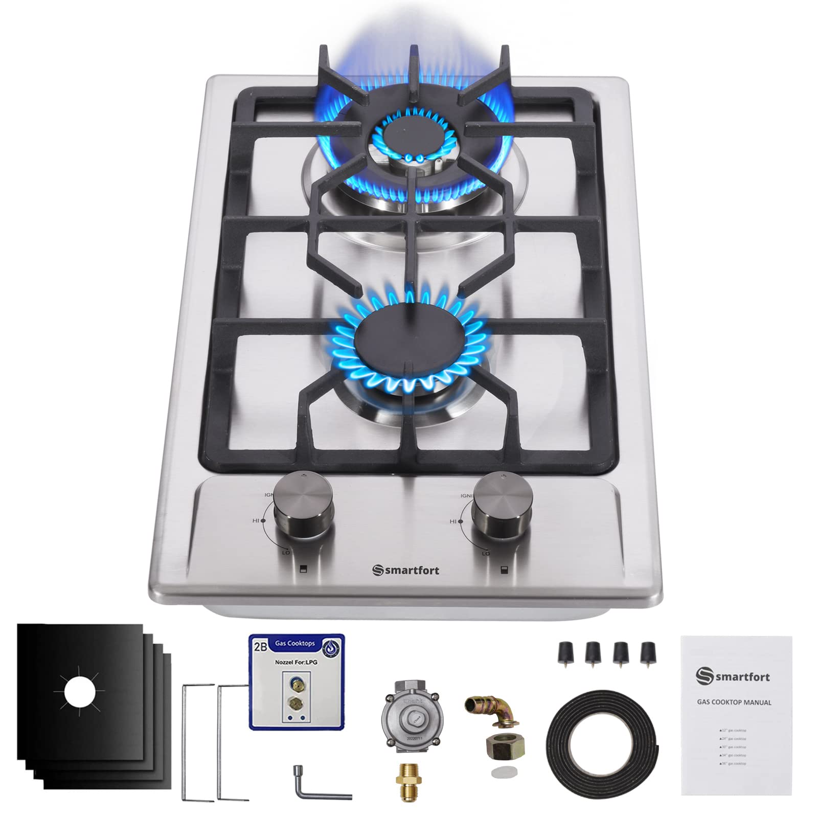 Photo 1 of Smartfort 12" Built-in Gas Cooktop,2 Italy SABAF Sealed Burners Gas Range top 17100BTU, Propane/Natural Gas Convertible, Dual Burner Gas Stove Top with Thermocouple Protection,Stainless Steel 12 Inch