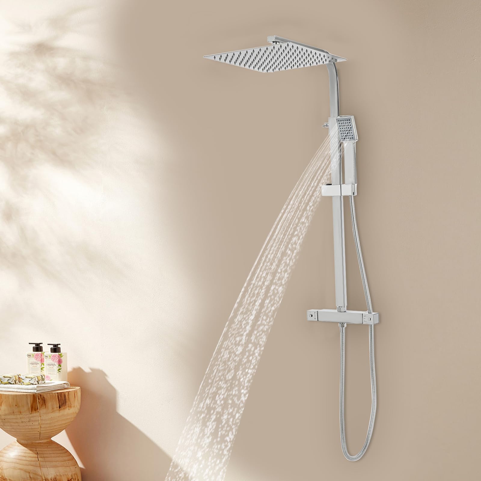 Sistema de ducha de 38 °C, grifo termostático, barra ajustable, 820 – 1220 mm, barra ajustable, ducha, grifo de ducha cuadrado de acero inoxidable