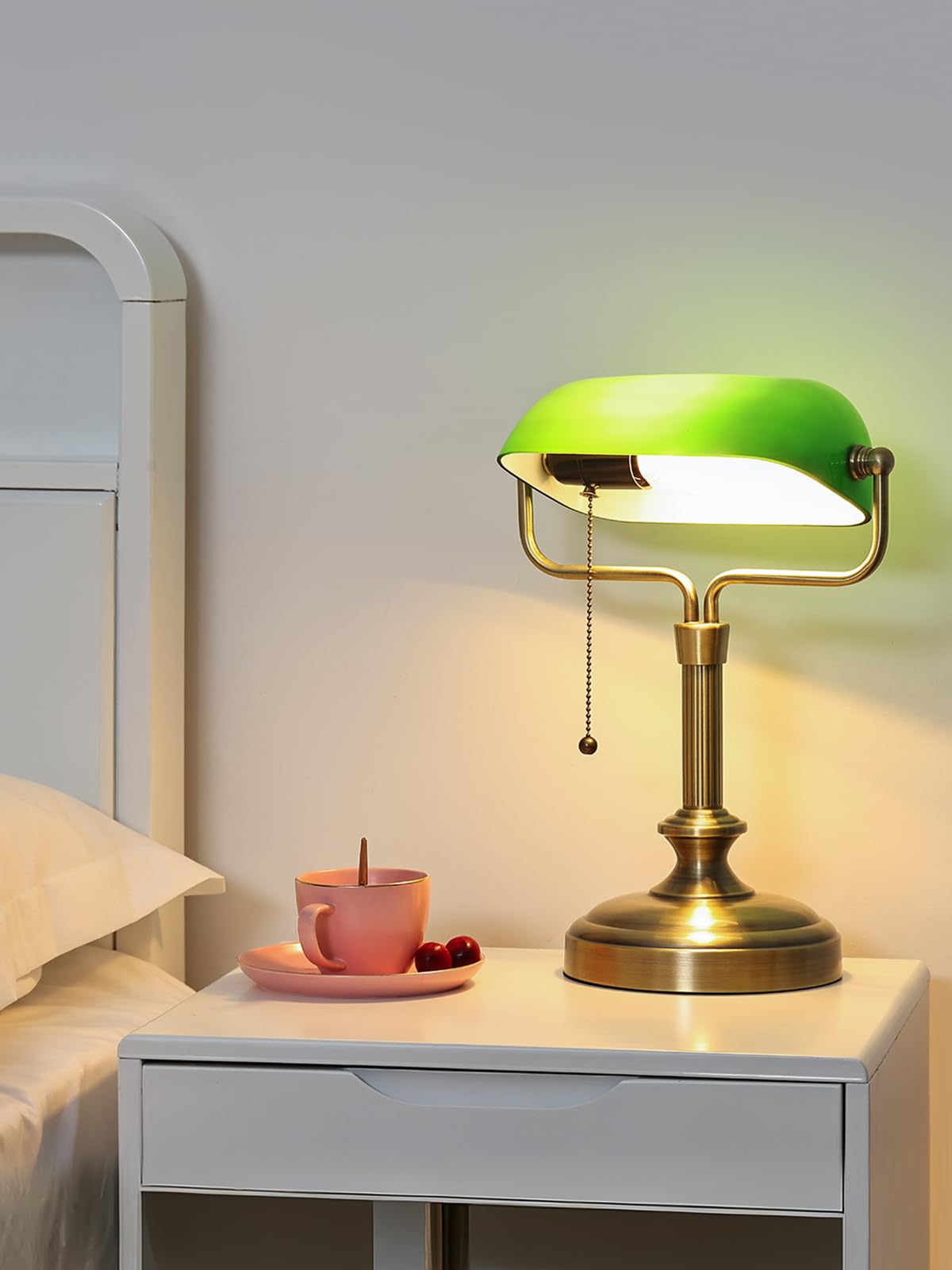 Green Bankers Lampe de bureau, abat-jour en verre réglable, lampe vintage avec interrupteur à chaîne pour bureau à domicile, lampe piano, ampoule LED 6 W incluse (bronze antique + vert)
