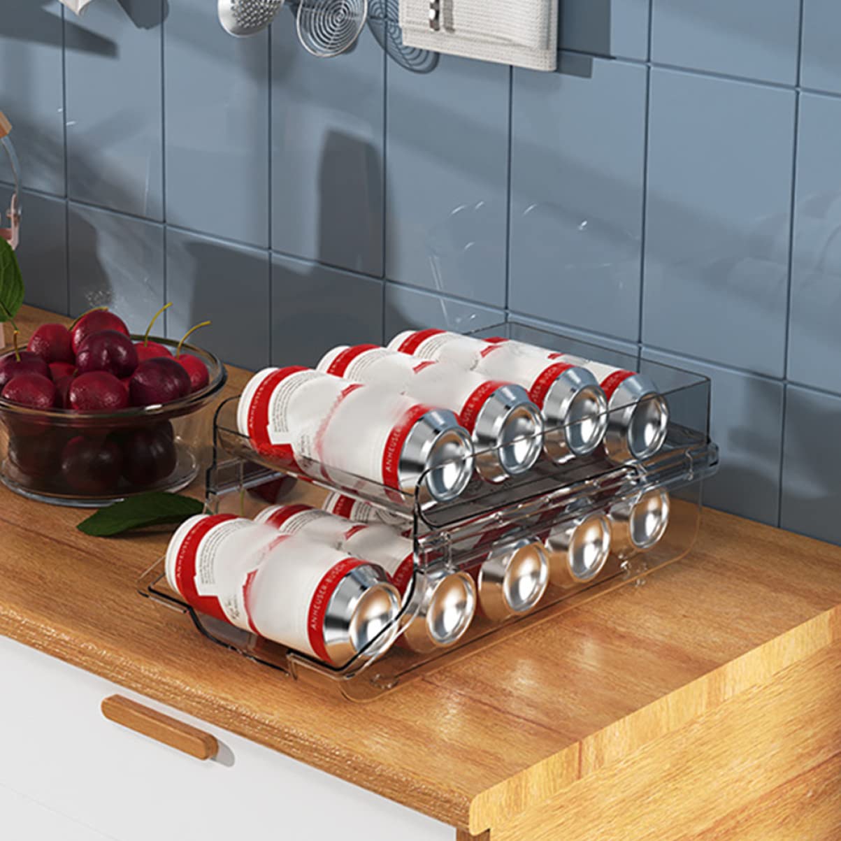 Organizador de Bebidas de Doble Capa para Refrigerador Diseño Apilable y Dispensador Automático de Latas de Plástico para Cocina y Tienda