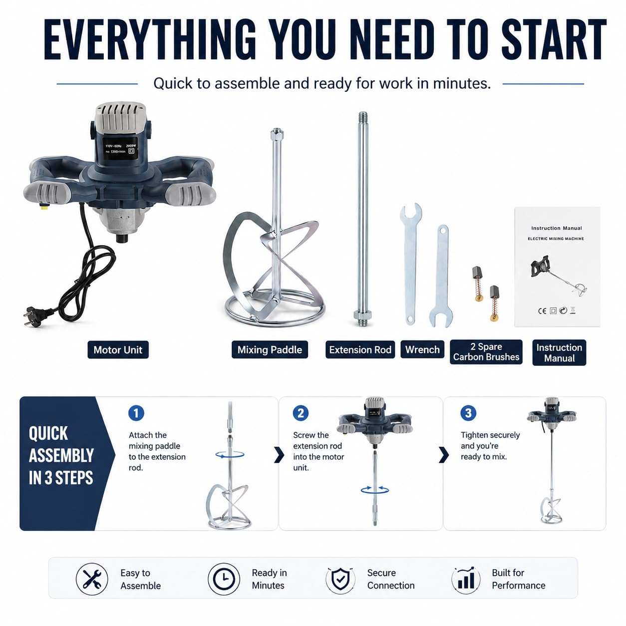 Agitatore professionale per calcestruzzo, 2400 W, miscelatore per malta a secco, 6 marce, regolabile, 1200 giri/min, miscelatore manuale