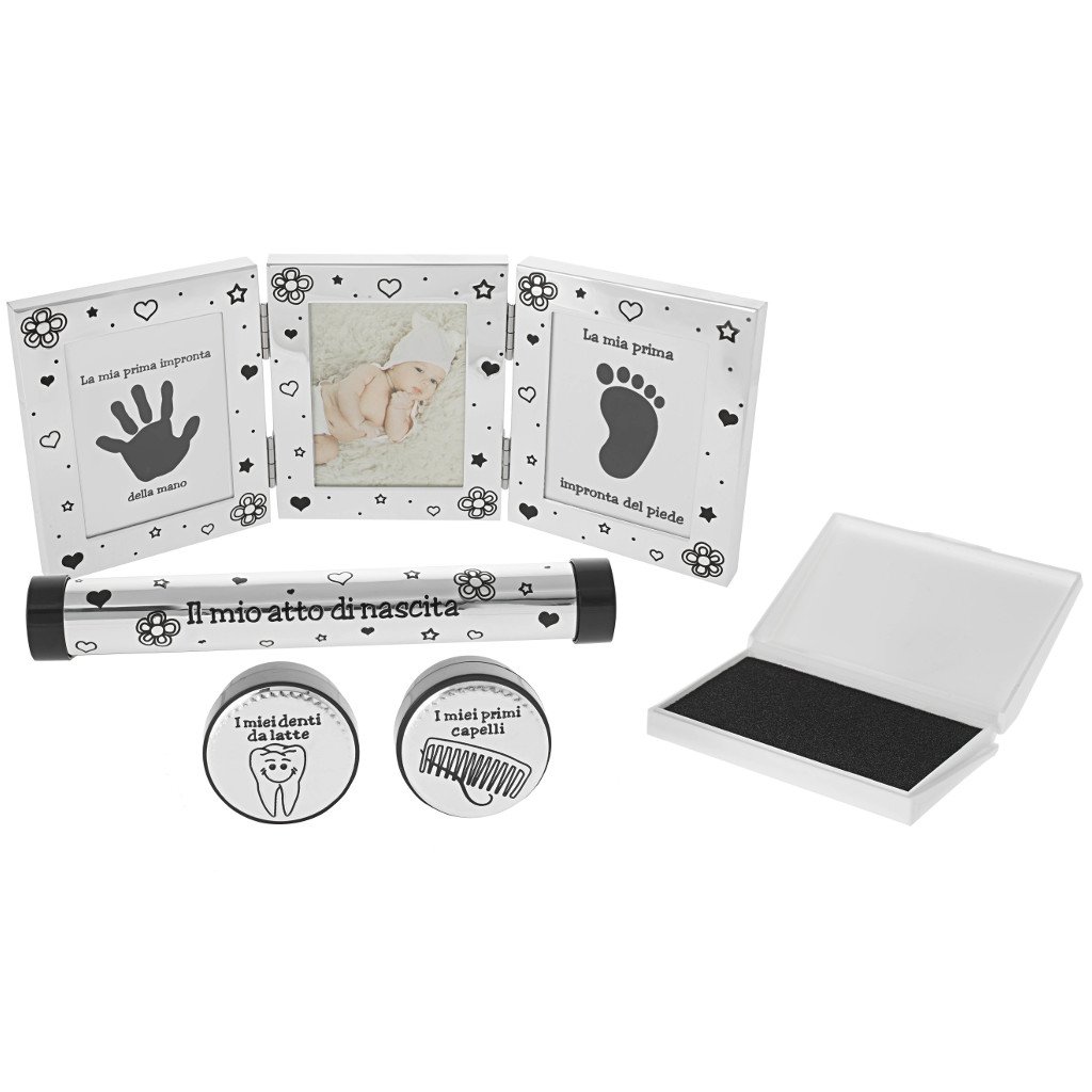 Set Regalo Neonato con Cornice Impronte Mani e Piedi Bambino, Porta Dentini, Porta Capelli e Custodia Certificato di Nascita – Regalo Nascita Originale per Genitori e Nonni