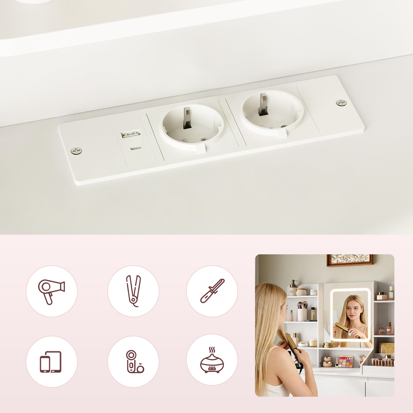 HOOBRO Tocador, con Espejo LED Regulable, Mesa de Maquillaje, 5 Estantes Abiertos y 7 Cajones, con Estación de Carga Integrada (2 Tomas CA, 1 USB-A, 1 Tipo C), para Vestidor, Habitación, Blanco