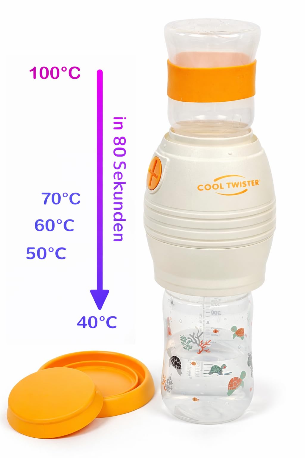 Fläschchenwasserkühler, kühlt kochendes Wasser in nur 80 Sekunden auf 40°C/50°C/60°C ab, ohne Strom, sehr einfache Handhabung, Made in Germany, exklusiv in diesem Shop!
