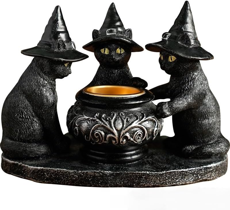 Halloween Black Cat Witches Tealight Candle Holder, Gothic Resin Statue with Decorative Cauldron, Indoor Home Decor (Black)