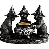 Halloween Black Cat Witches Tealight Candle Holder, Gothic Resin Statue with Decorative Cauldron, Indoor Home Decor (Black)