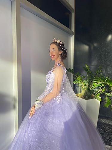 Miniatura 5 de TRHTX Vestidos de Quinceañera con Tirantes de Spaghetti, Vestido de Baile con Capa y Princesa, Vestidos de 15 y 16 Años con Cuentas y Encaje,