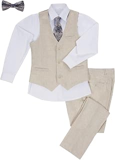 Boys' Suit Set Kids Beige Tuxedo for Beach Wedding Slim Fit Linen Suit for Teenage Boys Summer Formal Dress Clothes 5 Piece Set Size 16