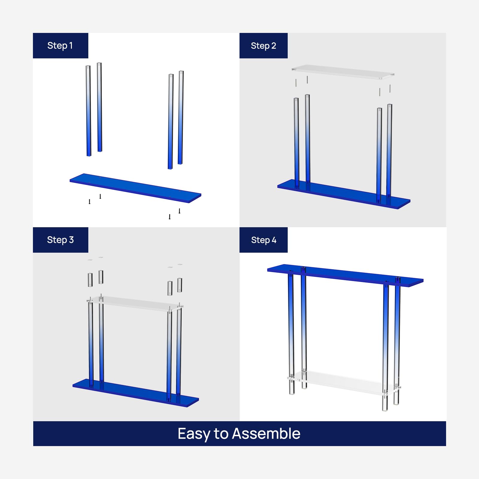 Mesa consola estrecha de acrílico, con patas cuadradas azules degradadas transparentes, 7.6 pulgadas de ancho, mesa de entrada transparente de 2 niveles para pasillo, vestíbulo, sofá, sala de 7