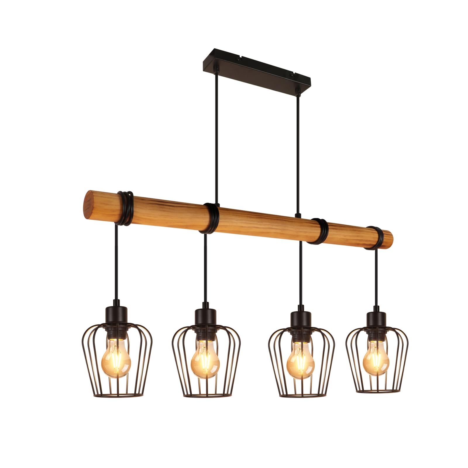 ZMH Retro Pendelleuchte Vintage Hängelampe 4 flammige Holz Esszimmerlampe Pendellampe Wohnzimmer im Industrial Design mit höhenverstellbaren Strahlern - Schwar - Fassung: E27 - ohne Leuchtmittel