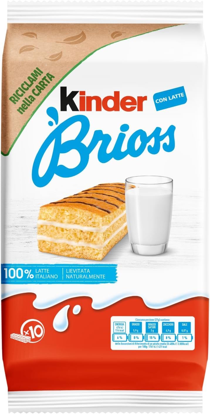 Kinder Brioss - 10 Snacks Schwammkuchen, natürlich zu 100% italienischer Milchfüllung, ausgezeichnet zum Frühstück und Snack, 3x 270 + Italian Gourmet polpa 400g
