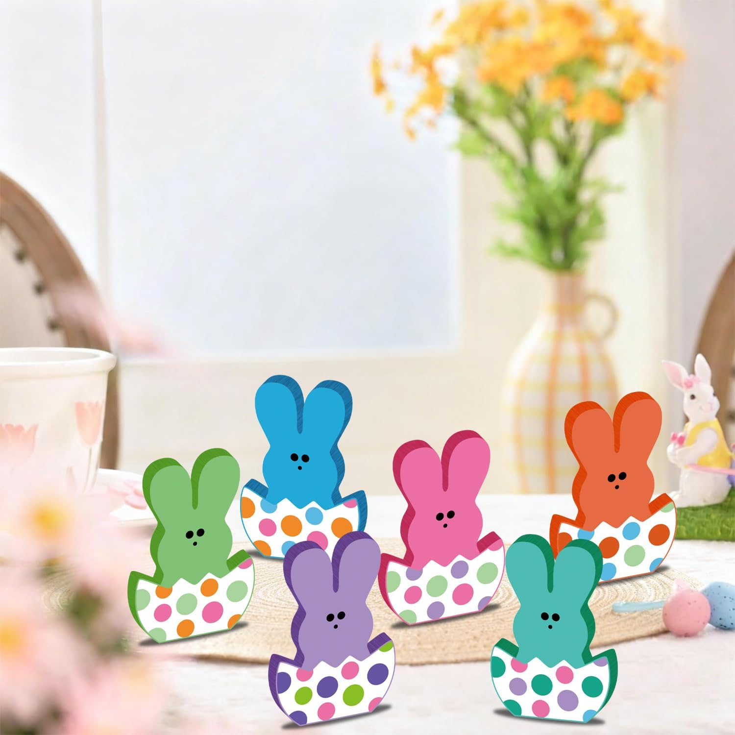 6pcs Easter Decorations for Home Wood Table Decorations 2.7x3.9inch Cute Double-sided Easter Bunny Egg Centerpieces for Tables Blue Multicolor Spring Wood Tiered Tray Decor