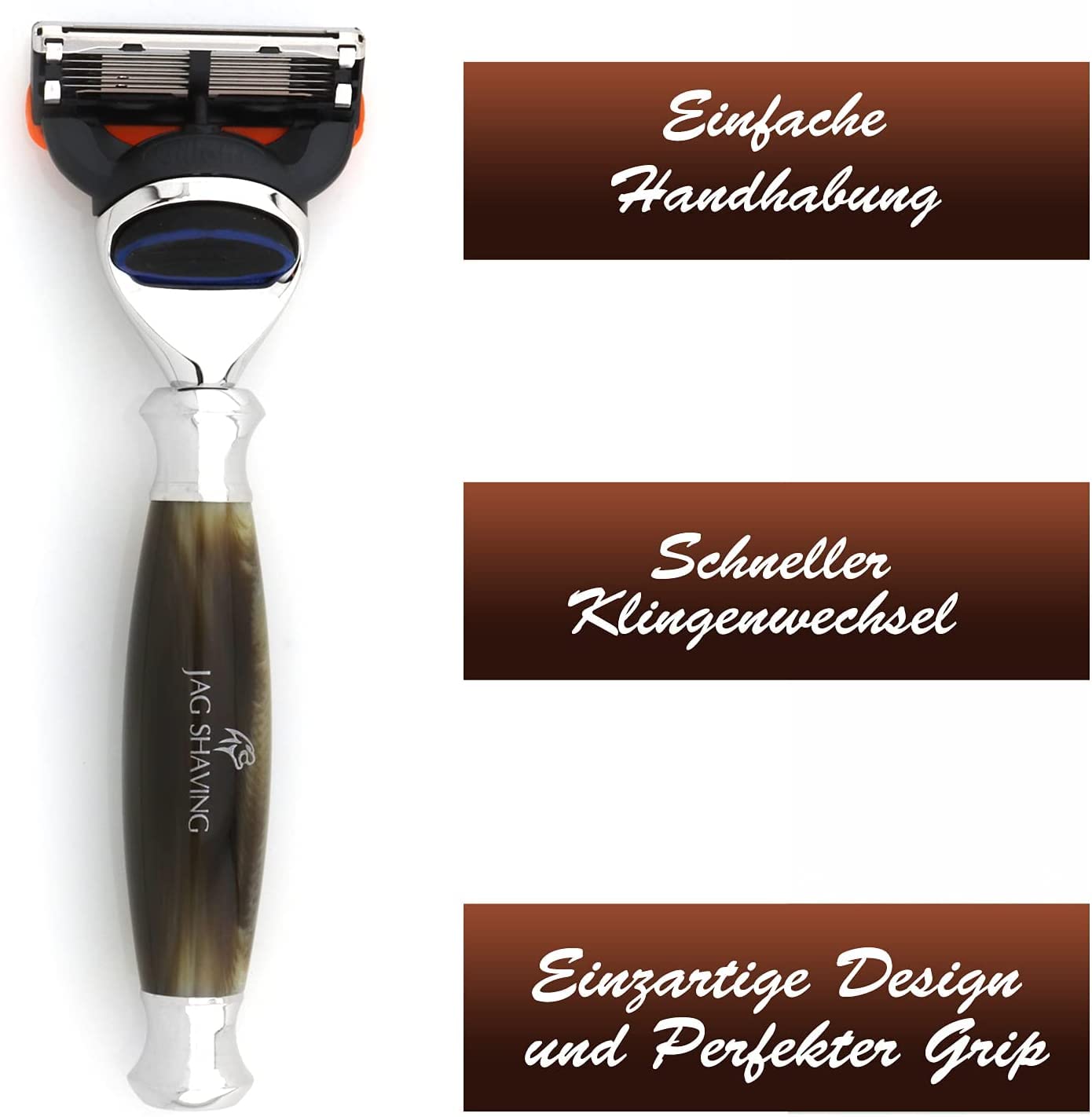 Jag Shaving Rasierset – 3-teiliges Rasierset – Jag's Lee Range – Silberspitz Dachshaar Rasierpinsel – 5 Rasierklingen Rasierhobel – Rasierständer – Grüne Hornimitation