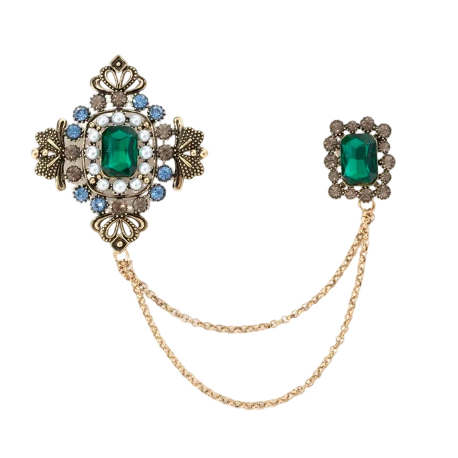 xfsafdm Brooch for Men Retro Gold Plated Chain Green Crystal Brooches Collar Pins Crystal Rhinestone With Hanging Chain Suit Shirt Lapel Brooch Pin Fashion Jewelry for Men Boy (Green Rectangle)-picture-13