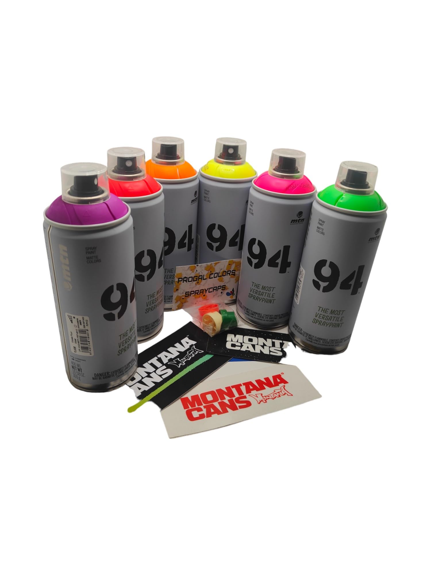 MTN 94 Spraydosen Neon fluoreszierende Farben Set 6 x 400 ml von Montana Colors + 3 Ersatzdüsen in verschiedenen Größen