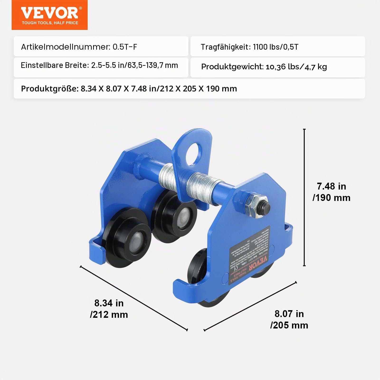 VEVOR Laufkatze 0,5 T Tragkraft Rollfahrwerk mit Doppelrädern, einstellbar für I-Trägerflanschbreite 63,5 bis 139,7 mm Hochleistungs-Garagenhebezeug aus legiertem Stahl für gerade gebogene I-Träger