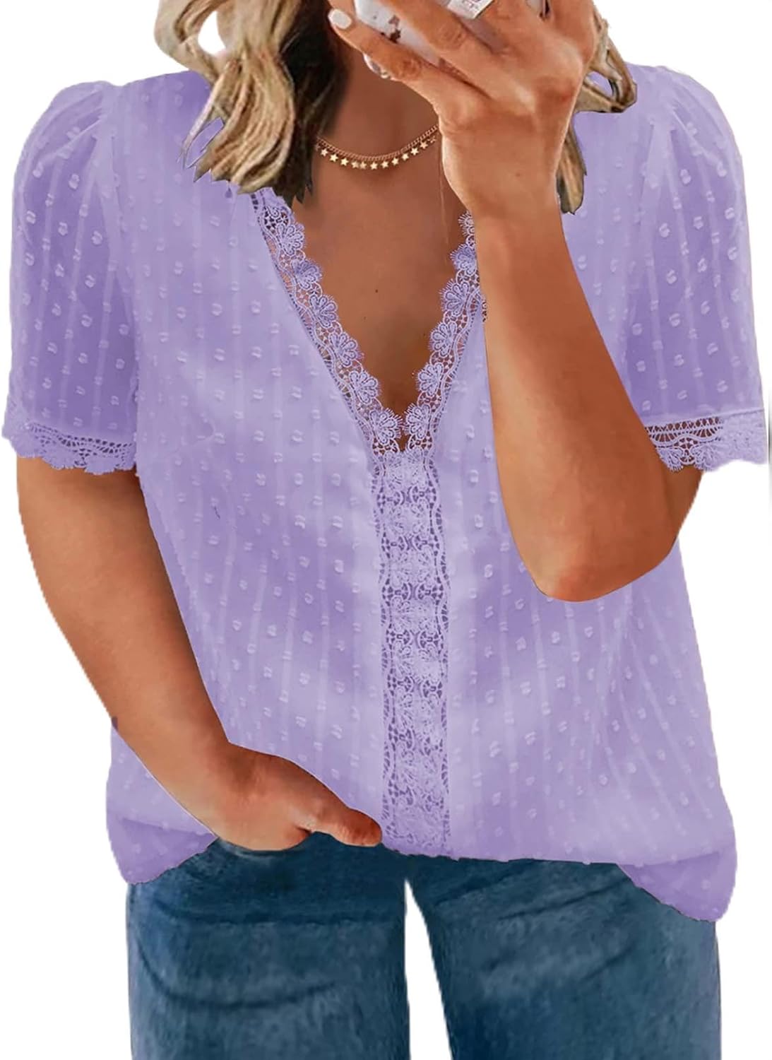 Eytino Womens Plus Size Tops Casual Summer Short Sleeve V Neck Lace Crochet Chiffon Blouses Shirts(1X-5X) - Image 2
