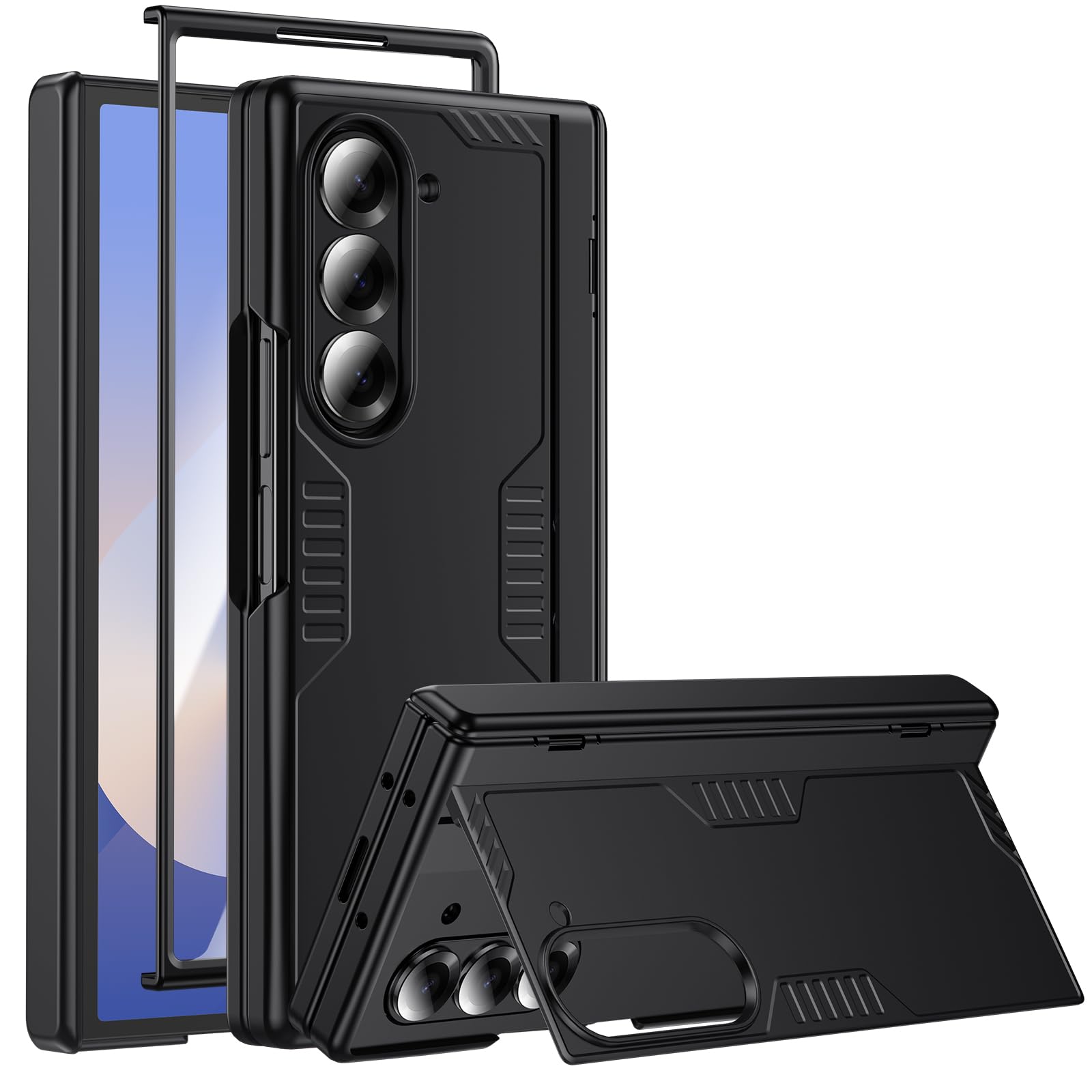 spoovcto for Samsung Galaxy Z-Fold-6 Stand Case: Hidden Kickstand, Hinge Protection, Front Screen Protector, Wireless Charging, Slim Lightweight for Z