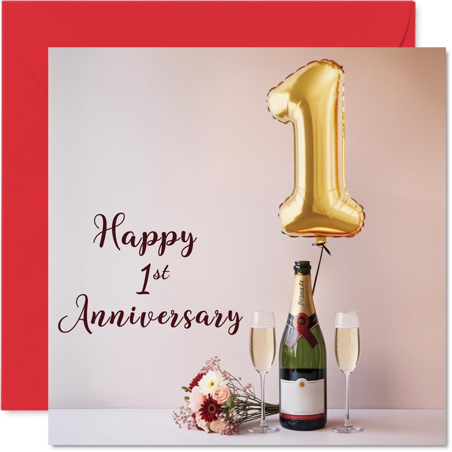 1st Anniversary Card for Women and Men, Balloons & Bottle of Bubbly