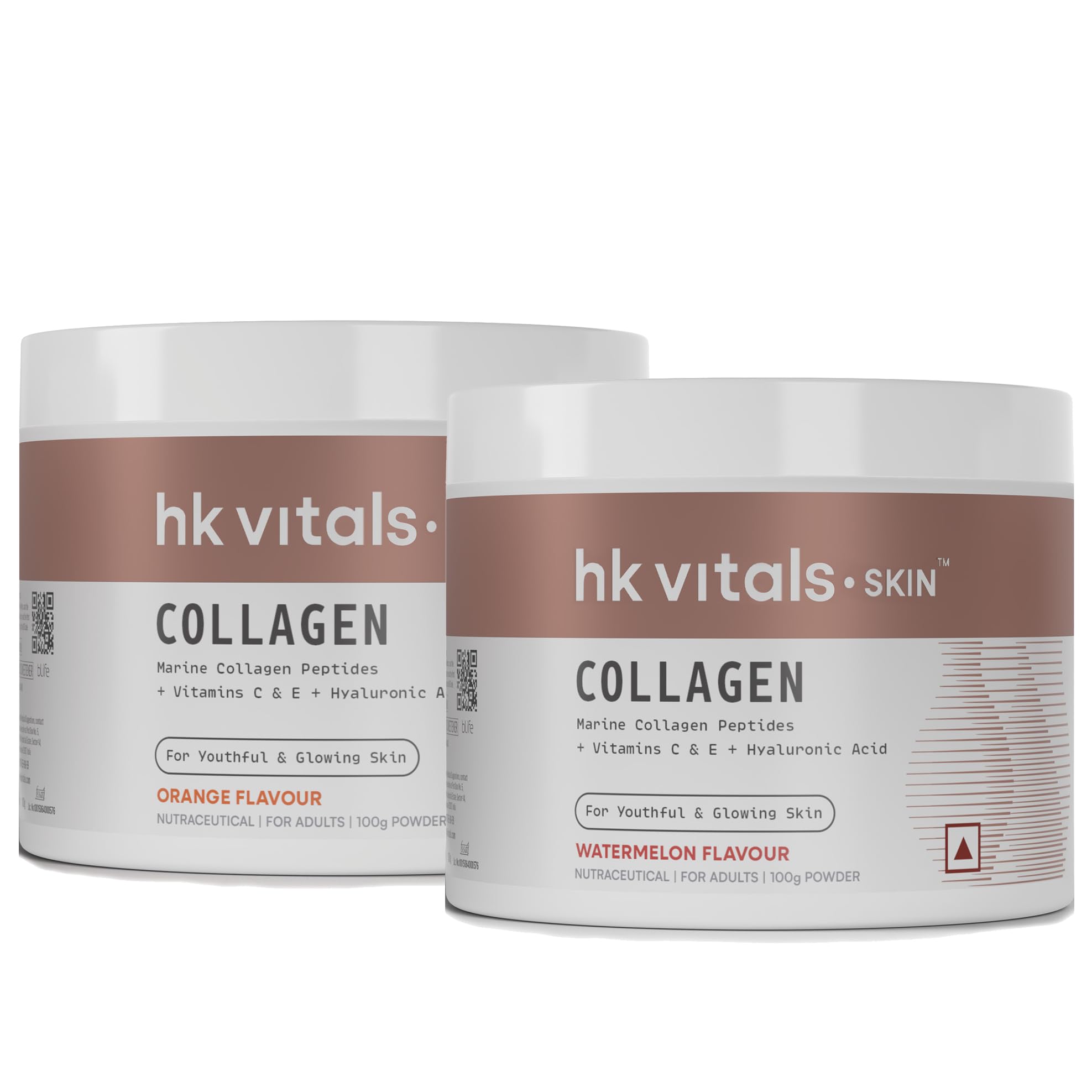 hk vitals Skin Radiance Marine Collagen Supplement (Orange & Watermelon, 2 x 100g) Combo Pack | Biotin, Vitamin C & E | For Healthy Hair & Skin