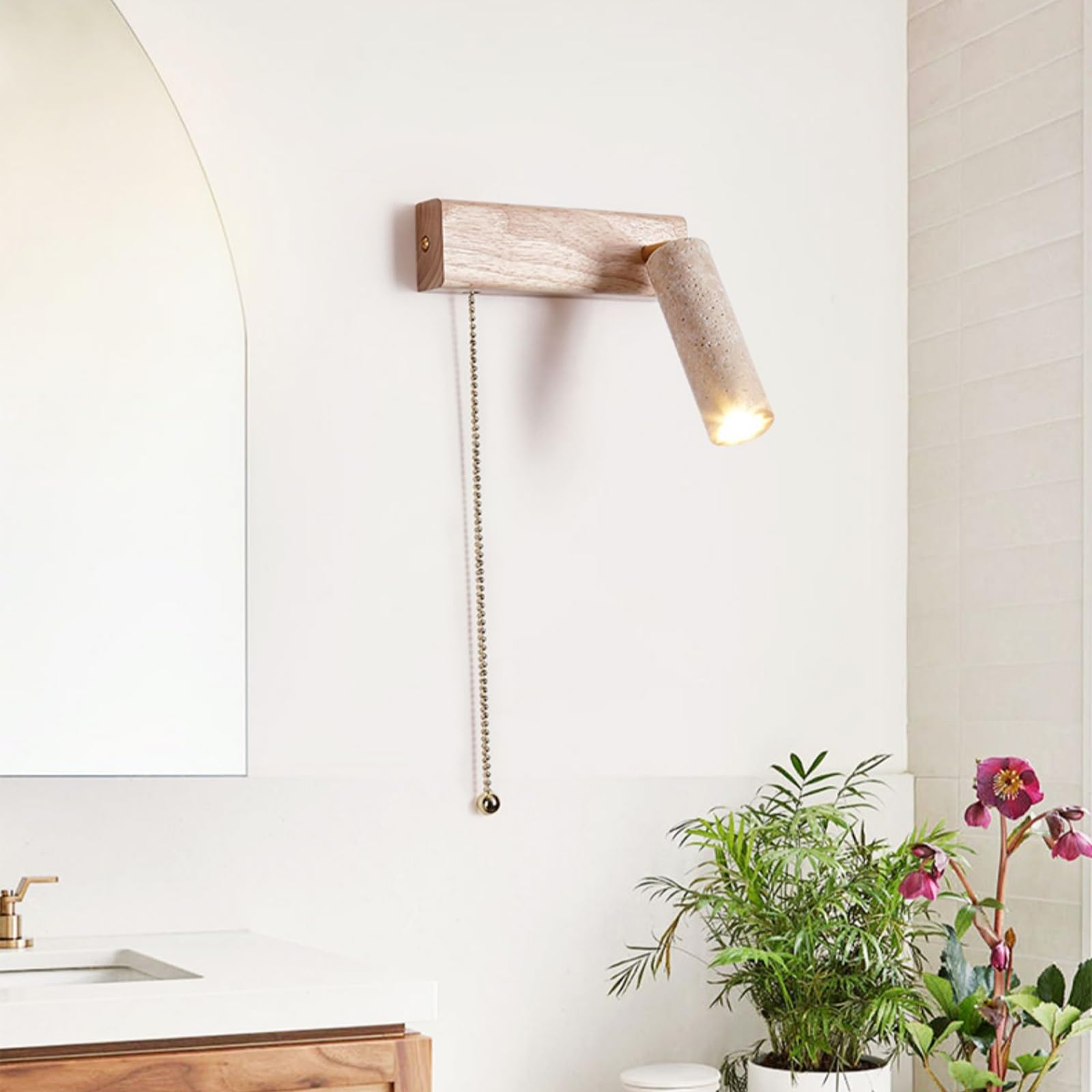 Nowoczesna lampa ścienna LED z kamienia, lampka nocna do czytania, żółty kinkiet z trawertynu z przełącznikiem pociąganym i drewnianą podstawą, regulowane(Walnut color,Left)