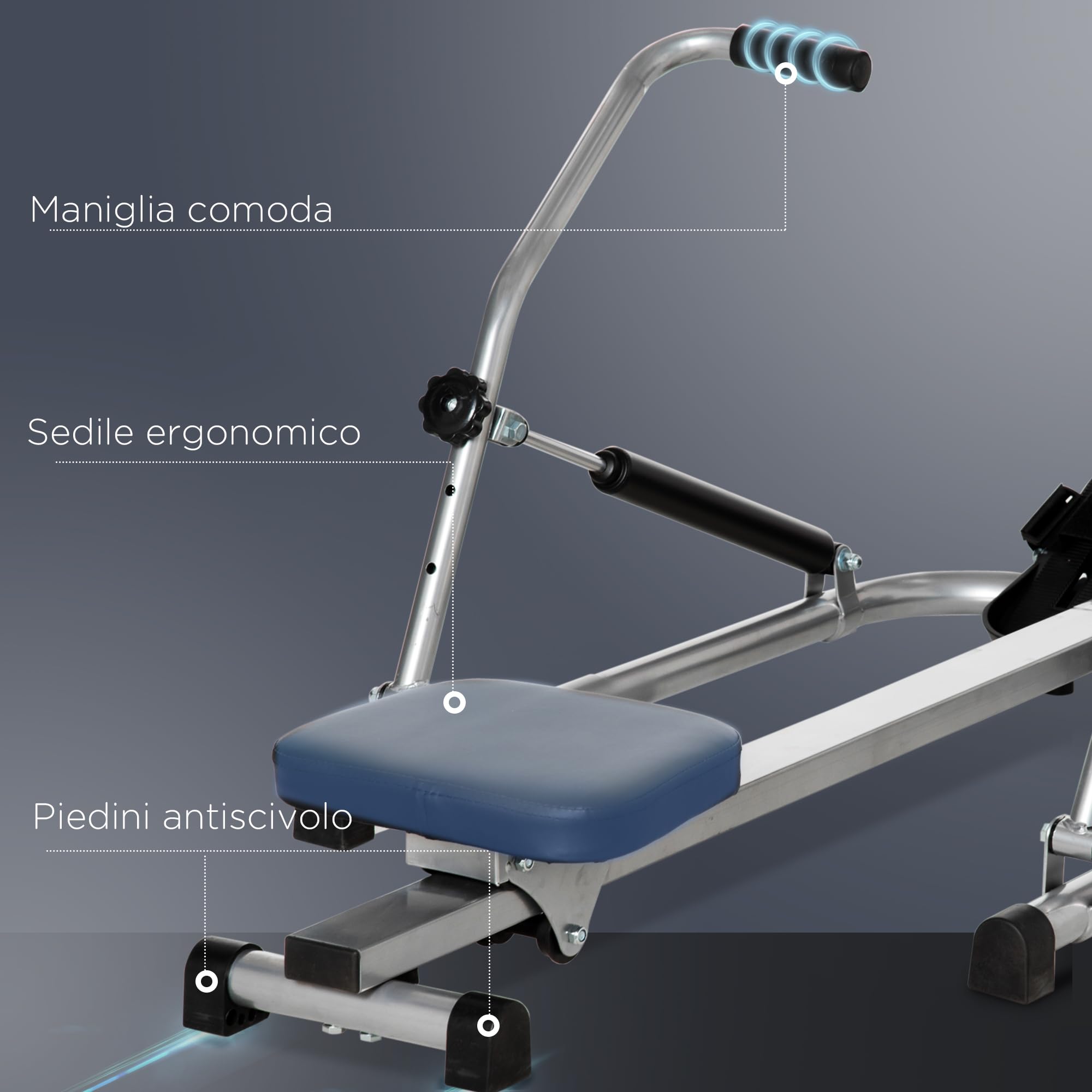 HOMCOM Vogatore Pieghevole per Casa Rowing Machine Idraulica con 3 Livelli di Resistenza e Monitor Digitale, in Acciaio e ABS, 129x70x70 cm, Grigio e Nero