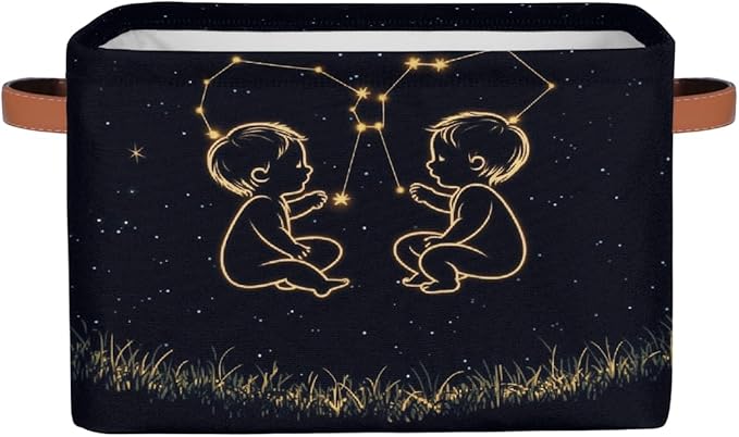 Zodic Sign Gemini Starry Sky Storage Basket with Leather Handles, Foldable Fabric Storage Bin Large Collapsible Organizer for Clothes Toys Laundry Bathroom Nursery 15x11x9.5 In