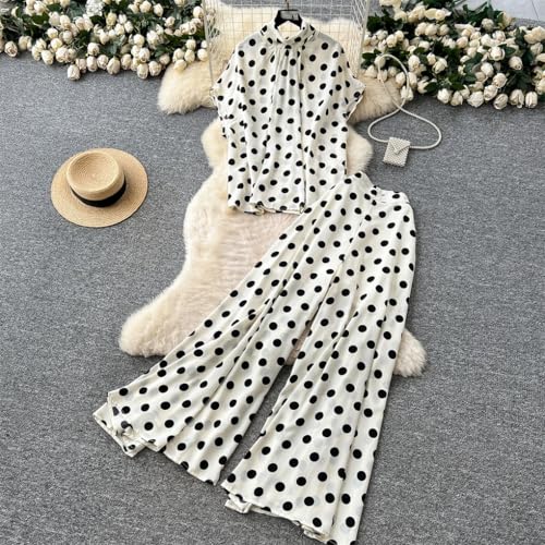 Casual Polka Dot Loose 2Pcs Suits Bow Lace-Up Tops+Wide Leg Long Pants Female Print Suits2