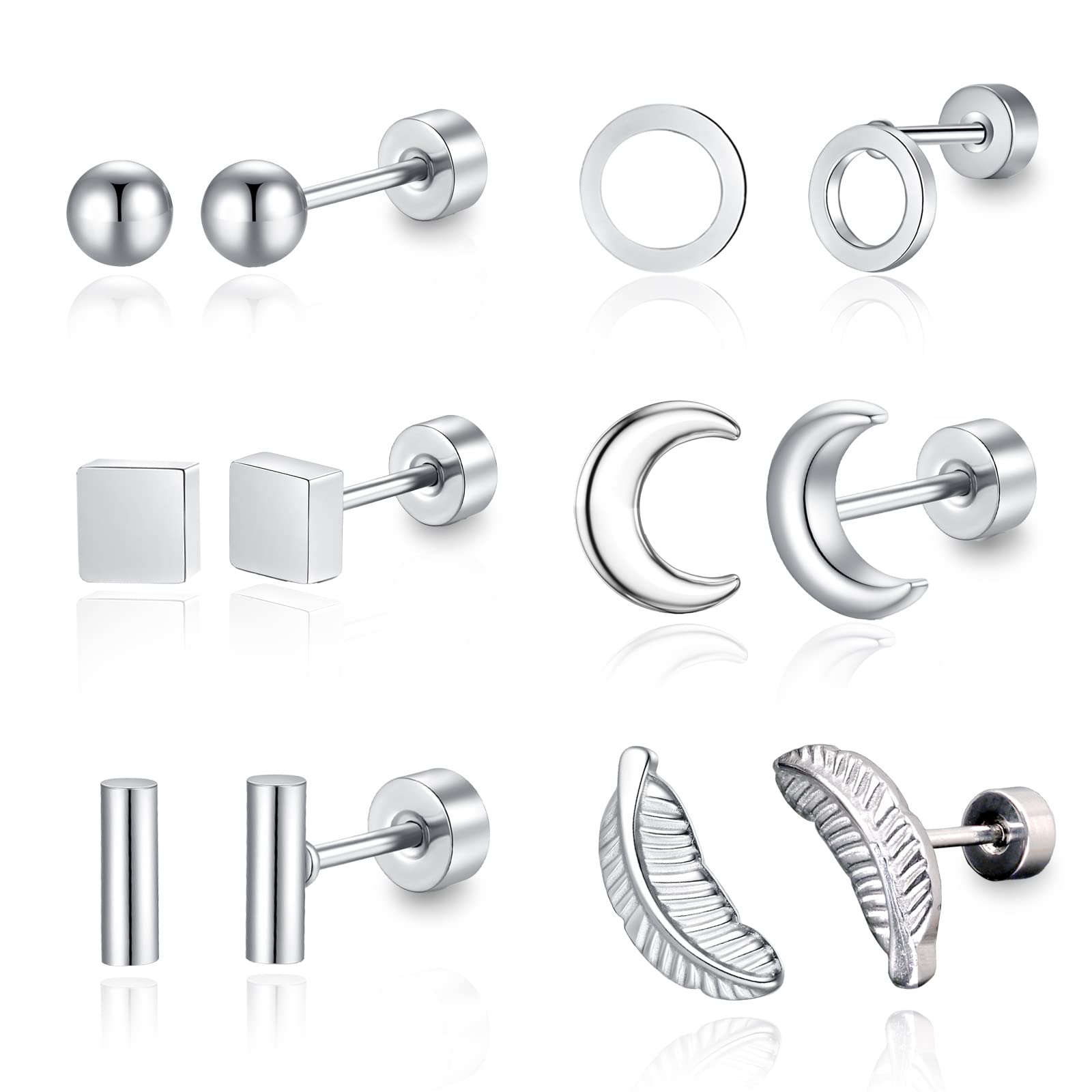 GLLBTPT Pack of 6 Flatback Screw Stud Earrings Screw Back Stud Earrings Hypoallergenic for Men Women
