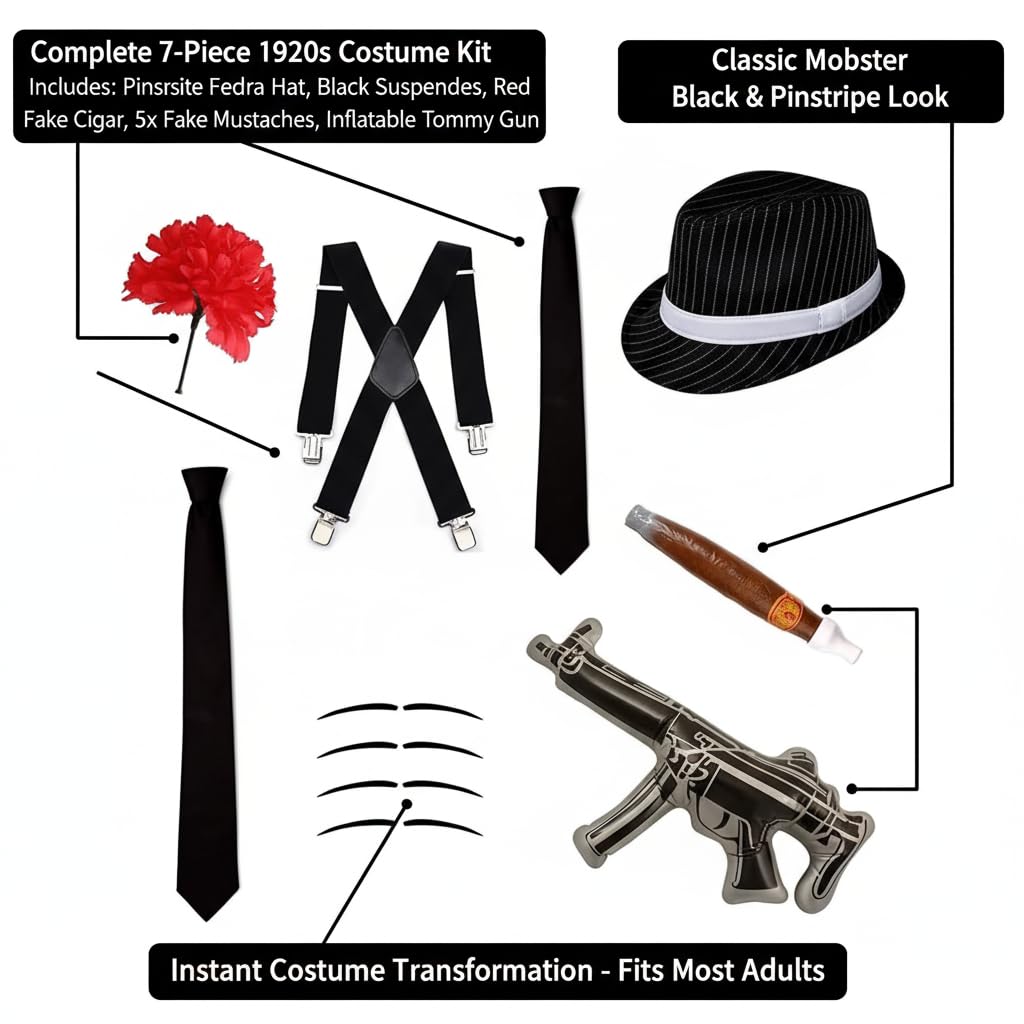 RockParty Gangster Costume Accessory Set 6 Piece 1920s Fancy Dress Kit with Trilby Hat, Tie, Braces, Fake Cigar - Image 2