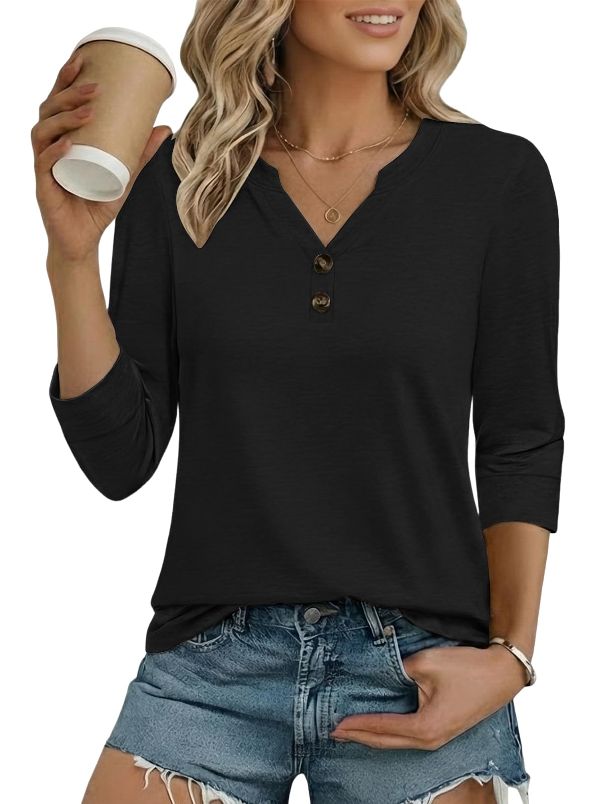 Cuptacc Tshirt Damen Sommer V-Ausschnitt 3/4 Arm Oberteil Elegante Business | Freizeit,Alltag,Fashion,Locker,Atmungsaktiv,Klassisch,V-Ausschnitt,3/4 Ärmel,Figurschmeichelnd,Knopfleiste,Business-Outfit
