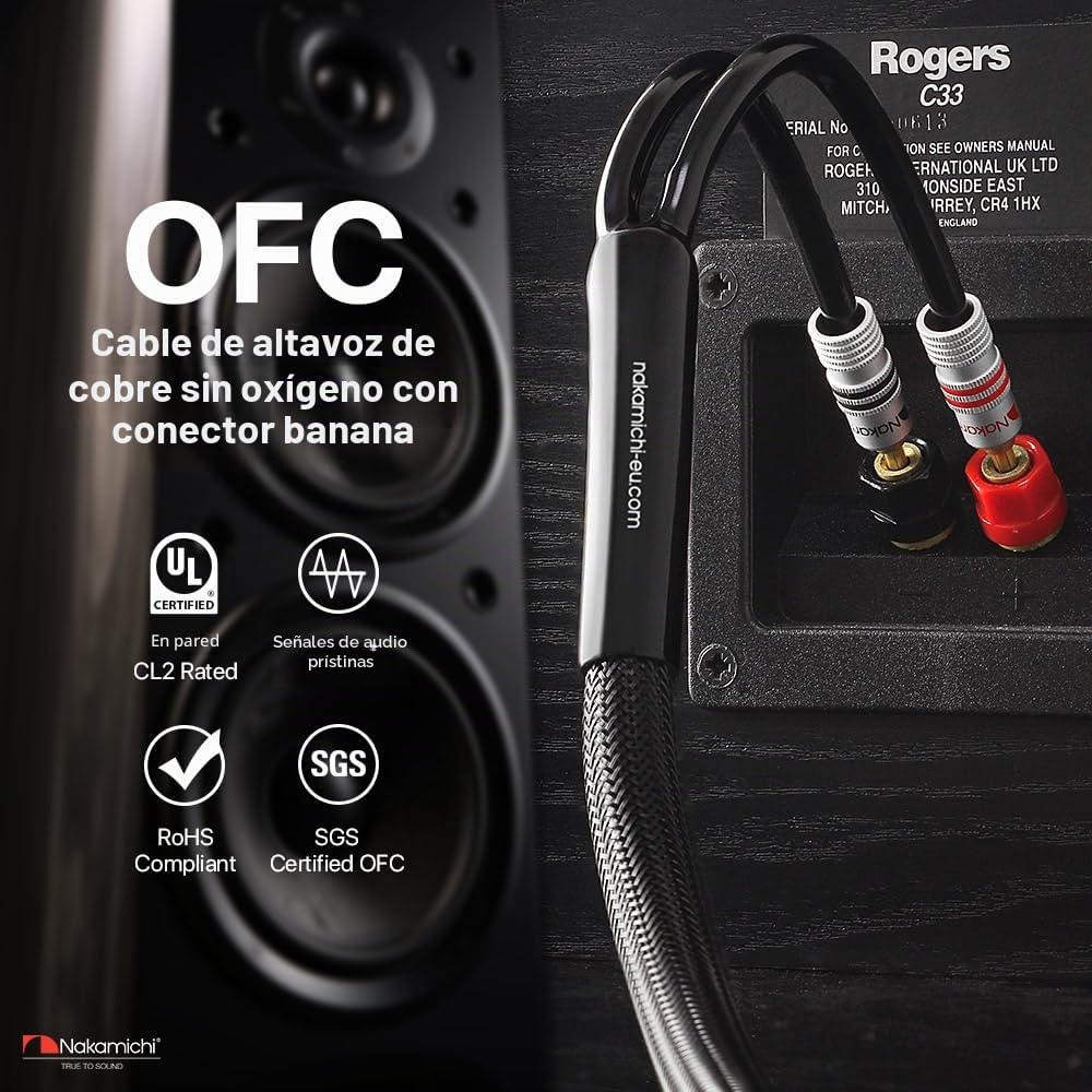 Nakamichi Excel Series Conector tipo banana chapado en oro de 24 quilates con cable de altavoz 99.9% cobre libre de oxígeno (OFC) trenzado Certificado CL2 - Negro (12 AWG / 10 pies / 3,0 m) 2 paquete