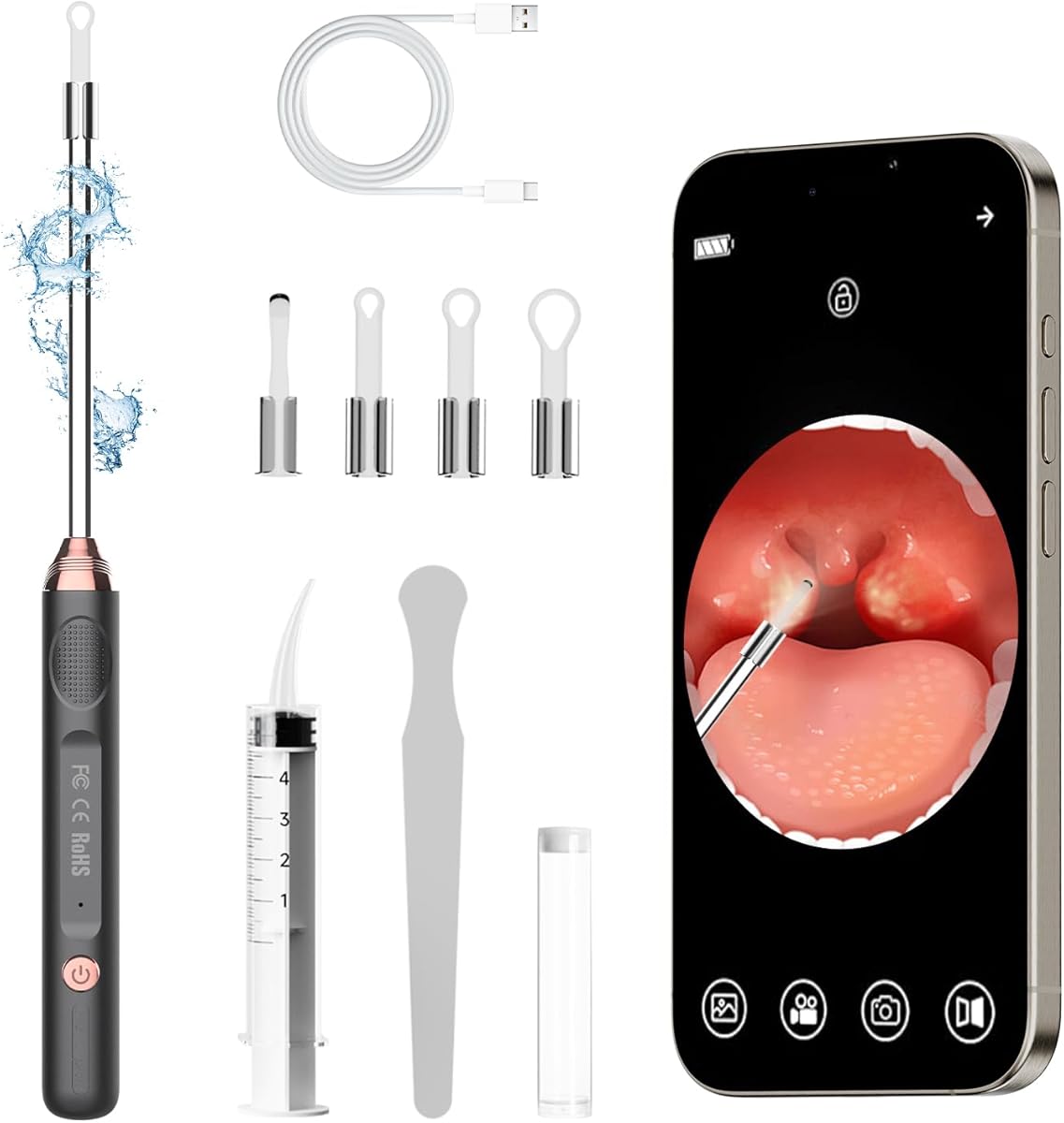 Tonsil Stone Remover with Camera，Tonsil Stone Removal Tool with LED Light，TonsilCleaner for Tonsil Stone Removal，Tonsillolith Removal Tool with 4 Head ，Attachments for iOS & Android (Black and Gold)