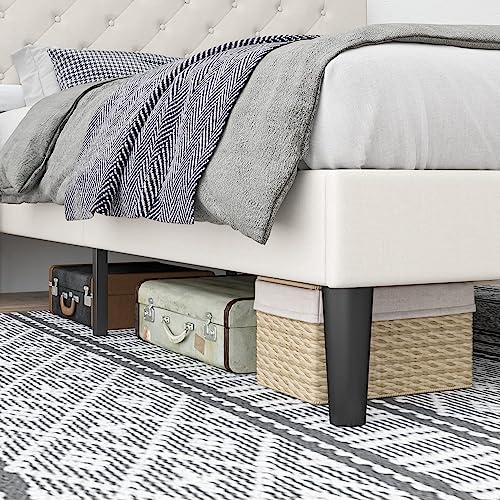 Hombck Twin Bed Frame, Upholstered Bed Frane Twin With Button Tufted Headboard, Linen Fabric Modern Bed Frame, Sturdy Wood Slat Support, No Box Spring Needed, Beige #TOP2