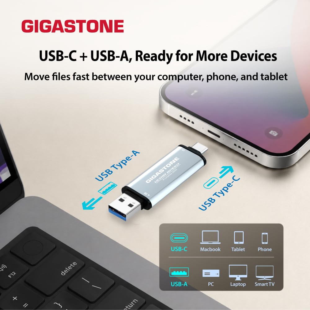 Gigastone SSD esterno da 1 TB USB-A+C fino a 1,050 MB/s per PS5 iPhone16 4K 60fps ProRes USB 3.2 Gen2 Hard disk SSD portatile per MacBook iPad PlayStation Xbox Duo Go