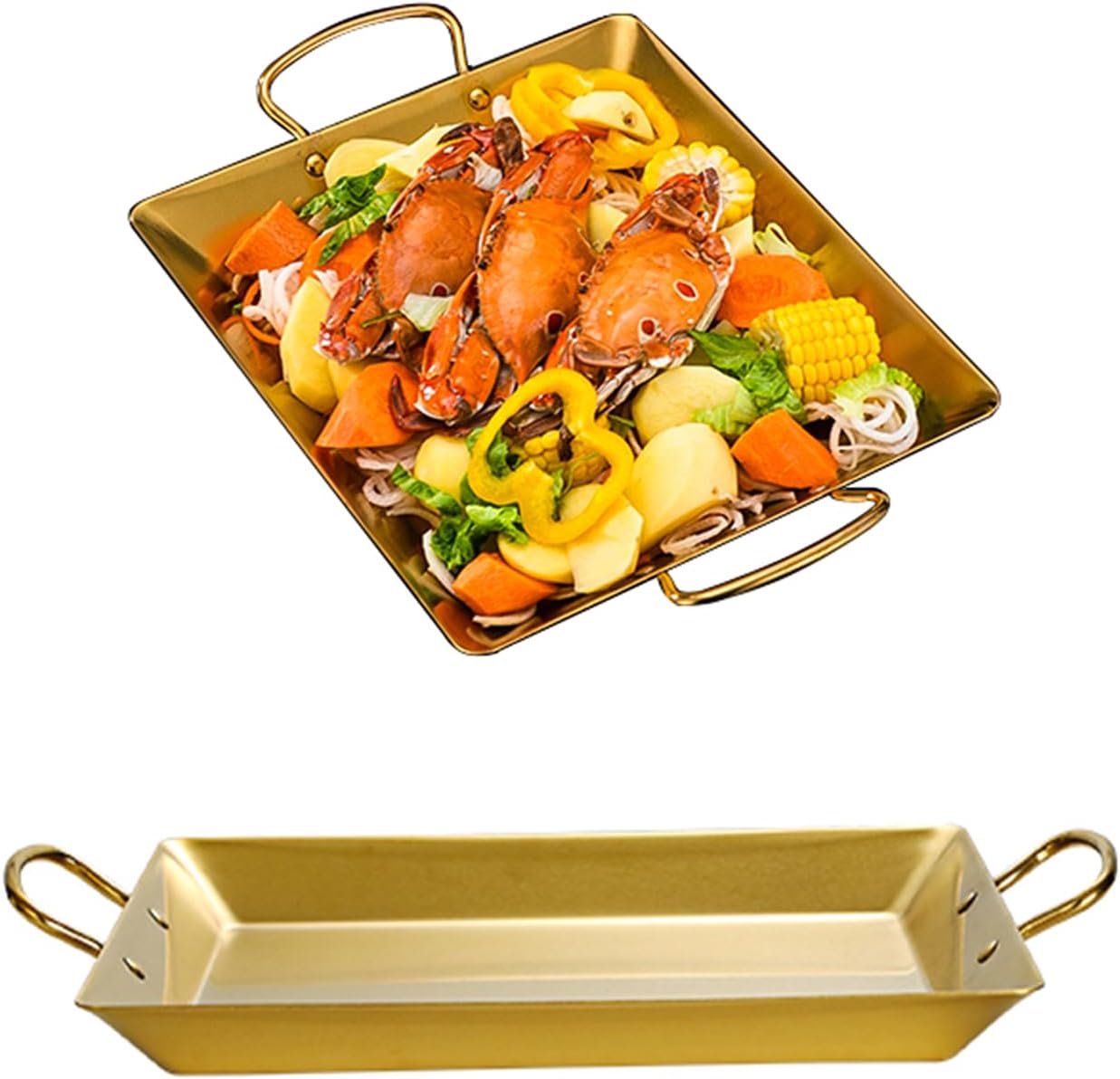 SVRITE Stainless Steel Flat Bottom Paella Pan 41.5/45/48.3cm Spanish Paella Dish Baked Fish Plate Seafood Tray with Double Riveted Handles Serving Platter Cookware for Homes or Restaurants (Gold,S)