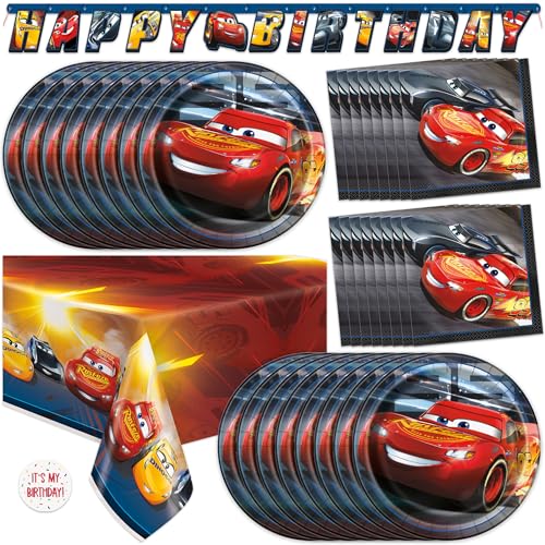 Image of Disney Cars Birthday Decorations | Lightning McQueen Birthday Decorations | Serves 16 | Banner, Tablecloth, Plates, Napkins, Sticker | Officially Licensed