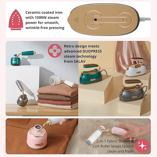 SALAV® Retro Edition Duopress Handheld Garment Steamer and Iron, Ceramic Plate, 1000 watts of Steam, Removes Wrinkles on Clothes, Vintage Style No Drip Steam, Titanium(Rose,Steamer and Iron + Fabric Shaver and Lint Roller)