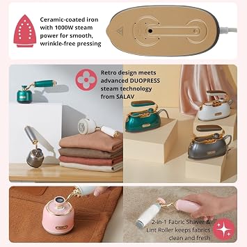 SALAV Retro Handheld Garment Steamer + Iron, Ceramic Steam Plate, 1000 watts of Steam, Removes Wrinkles on Clothes (Rose, Steamer and Iron + Fabric Shaver and Lint Roller)