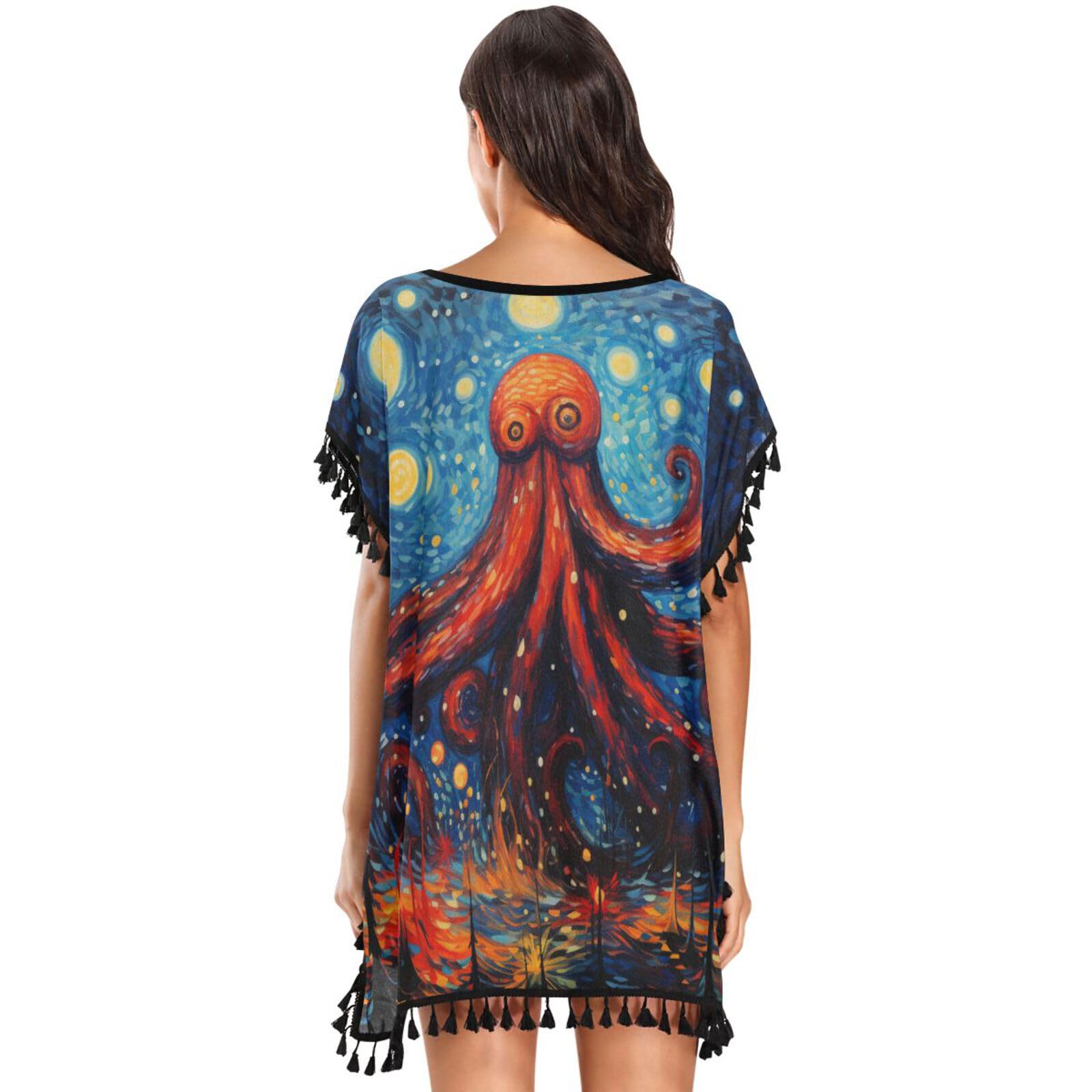 Octopus Red Blue Art Women's Beach Cover Up Chiffon Tassel Swimwear Swimsuit Coverups for Girl