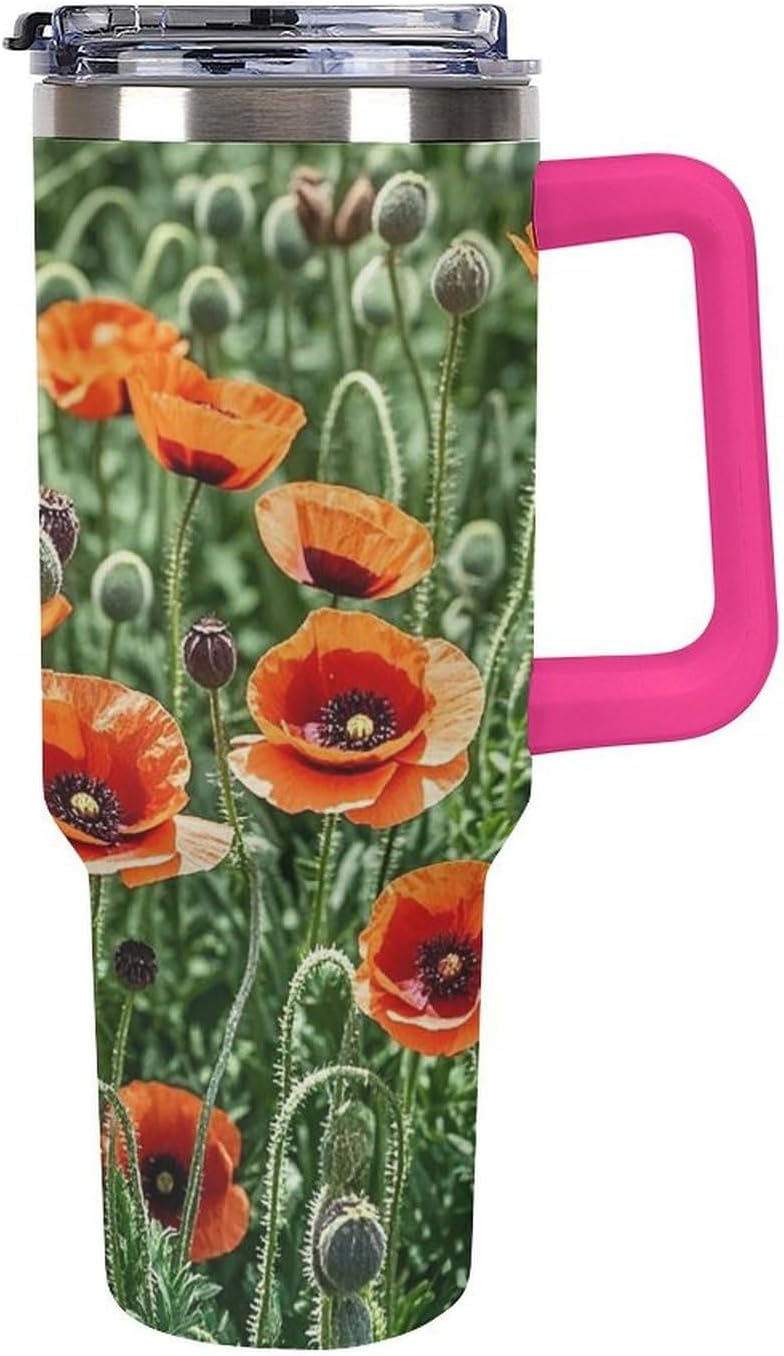Red Poppy Flowers Leaves Travel Coffee Mug Reusable Durable Stainless Steel Insulated Tumbler with Handle And Straw Leak Resistant Portable Thermal Cup Gifts for Men Women 40 Oz