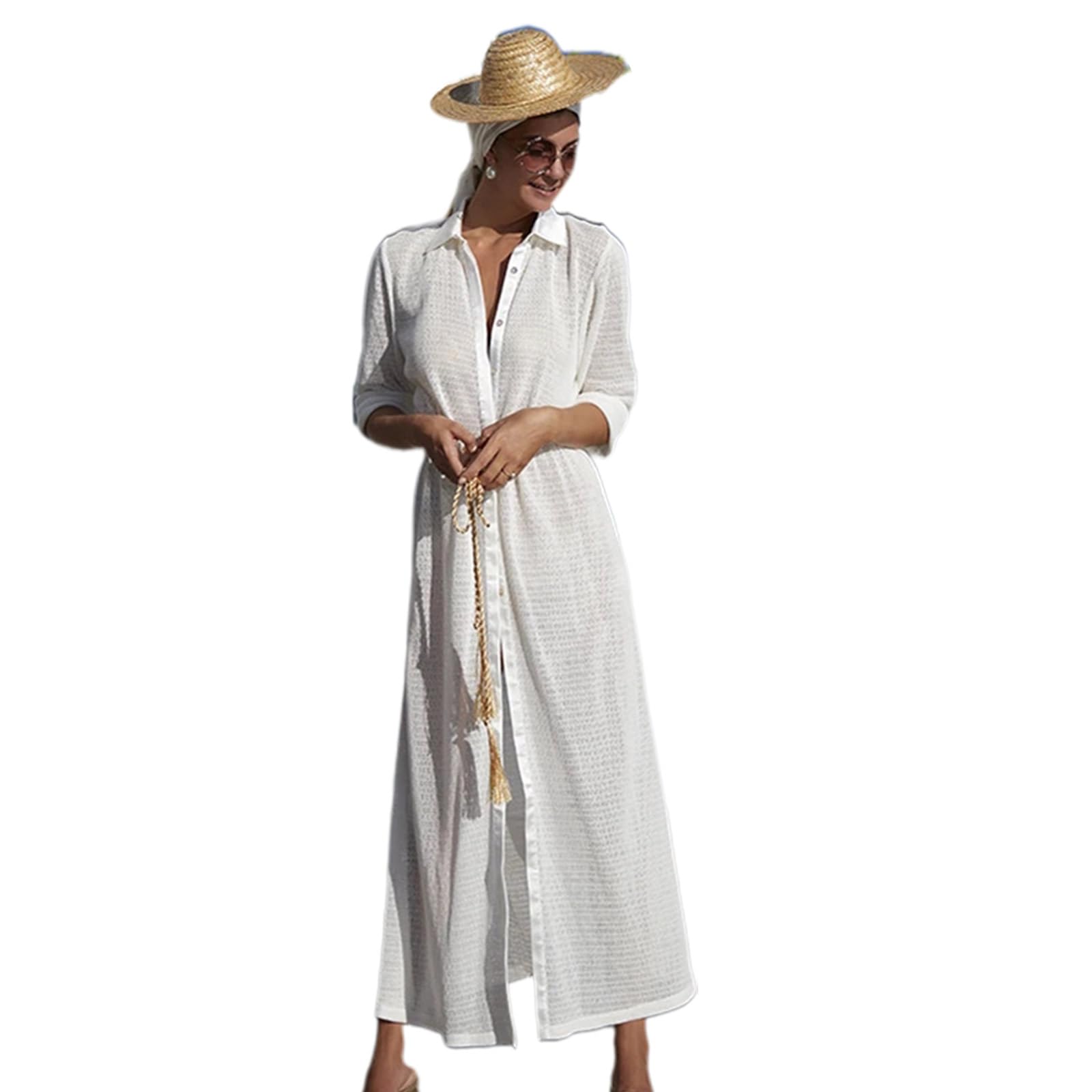 Greabuy Kimono da donna casual a maniche corte con spacco laterale e bottoni, cardigan lungo con cintura, abbigliamento da spiaggia