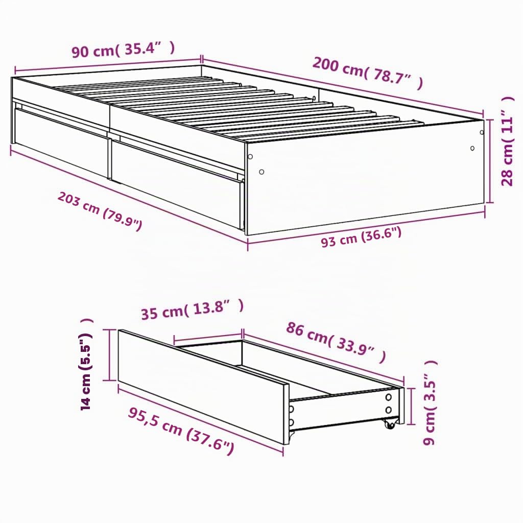 vidaXL Cama con cajones Madera de ingeniería Blanca 90x200 cm