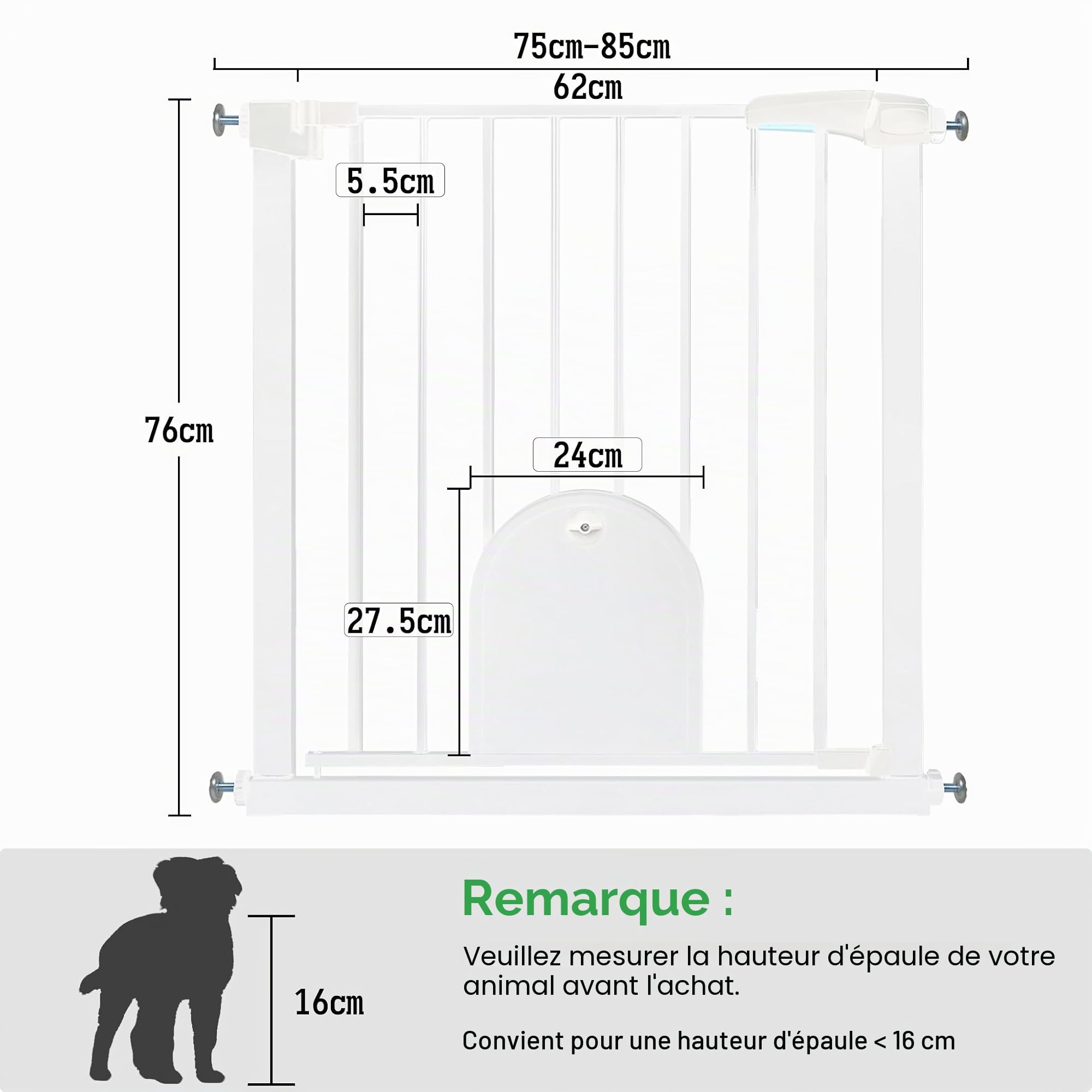 UISEBRT Barrière de sécurité d'escalier, Barrière de sécurité de porte, sans perçage, Barrière d'escalier avec porte pour chat, Porte pour animaux, pour largeurs de 75 à 85 cm, Fermeture automatique