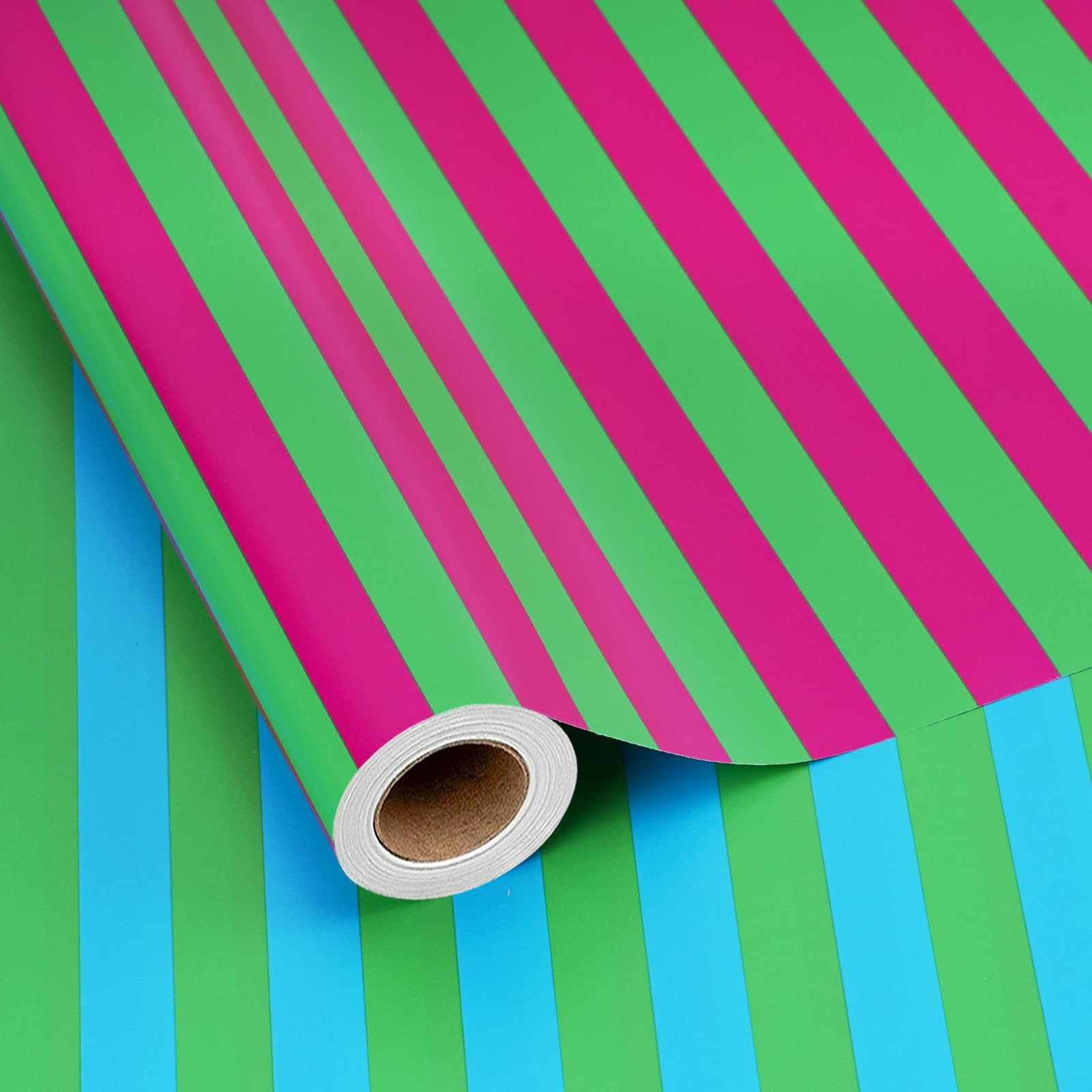 BIOBROWN Pink Green & Blue Green Striped Wrapping Paper Roll, 43cm x 10m