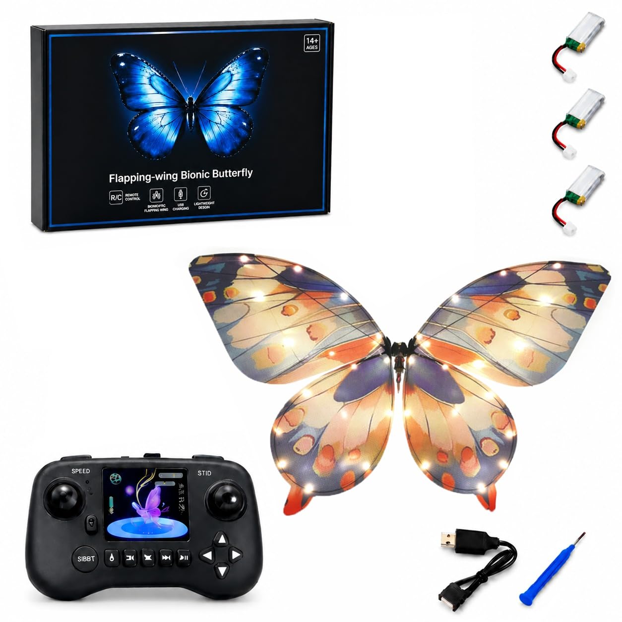 Drone ornitottero bionico a forma di farfalla con luci a LED alimentato a 3 batterie giocattolo volante a forma di insetto con ali battenti e telaio in fibra di carbonio per adulti(Colored)