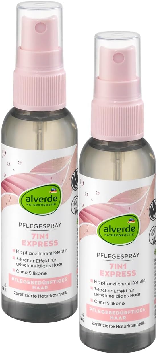 alverde NATURAL COSMETICS 7in1 express care spray, 75 ml x 2 bottles | Anti-frizz, Anti-split ends, Moisture, Shine, Easy to comb, Care | vegan