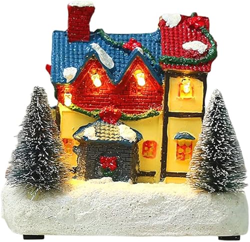 Casa de pueblo de Navidad con luces, figuras de resina con iluminación LED Casas de pueblo de Navidad con árbol de Navidad  Escena de nieve Ciudad
