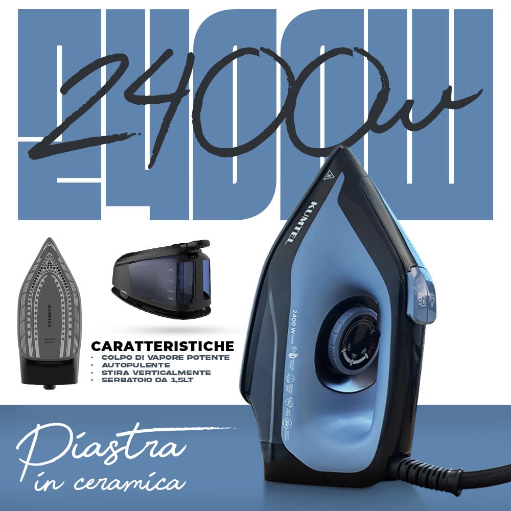 Mediawave Store - Ferro da Stiro a Vapore con Caldaia 2400W - Stira Verticale con Piastra in Ceramica e Serbatoio 1.5lt per Stiratura Professionale anche a Secco - Autopulente e Anticalcare