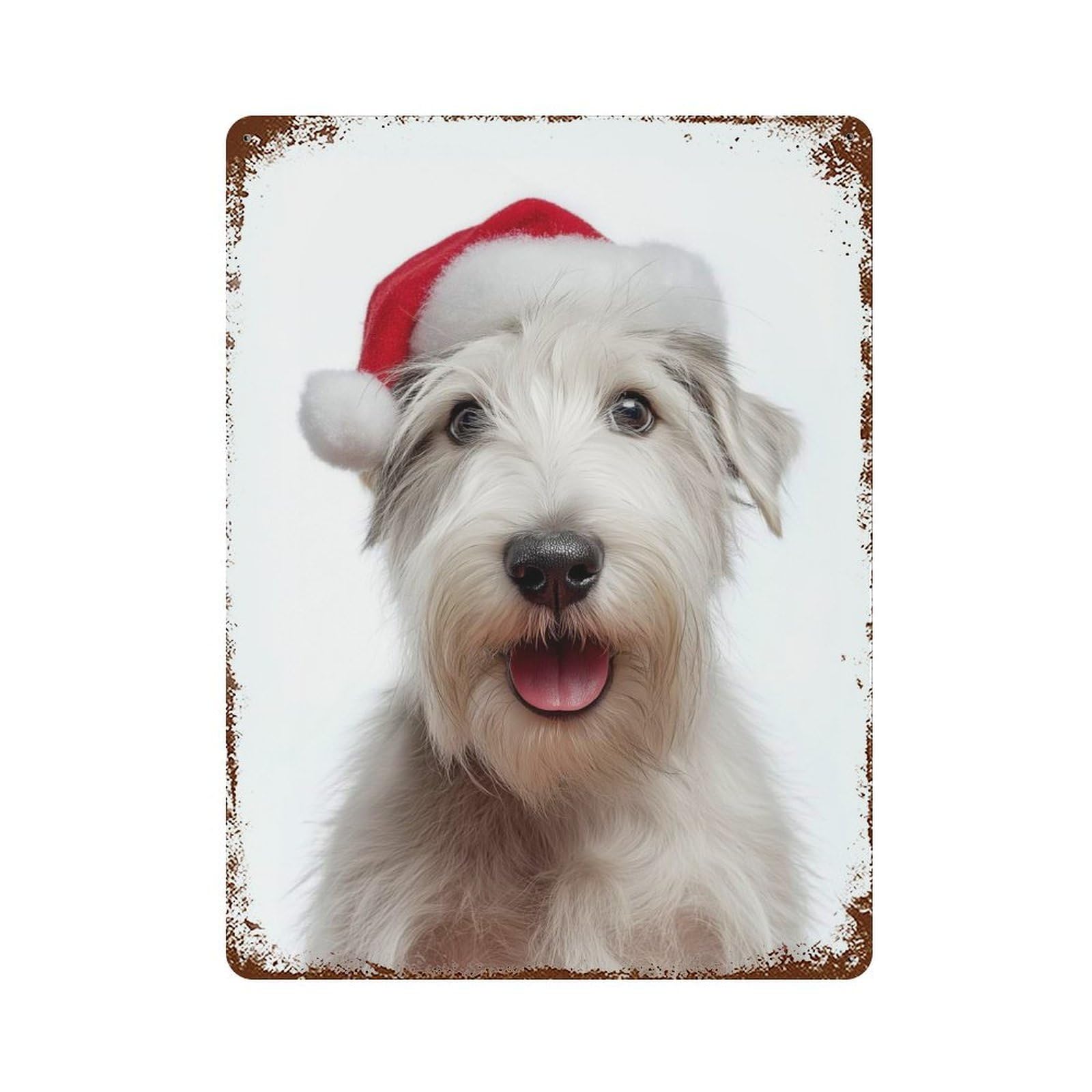 Sealyham Terrier Dog with Santa Hat Portrait Rusty Metal Tin Sign 15.7"x11.8", Industrial Home Decor for Garage, Pub Or Kitchen